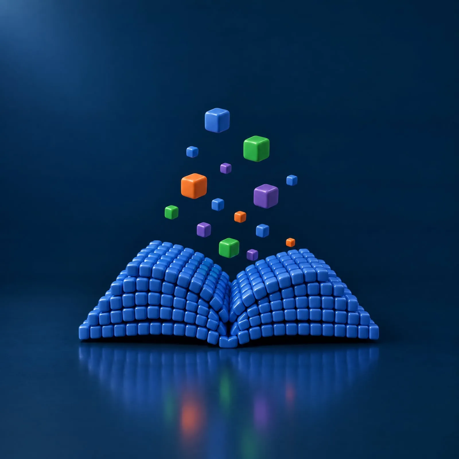 An open book built from cubes, with cubes rising from its pages