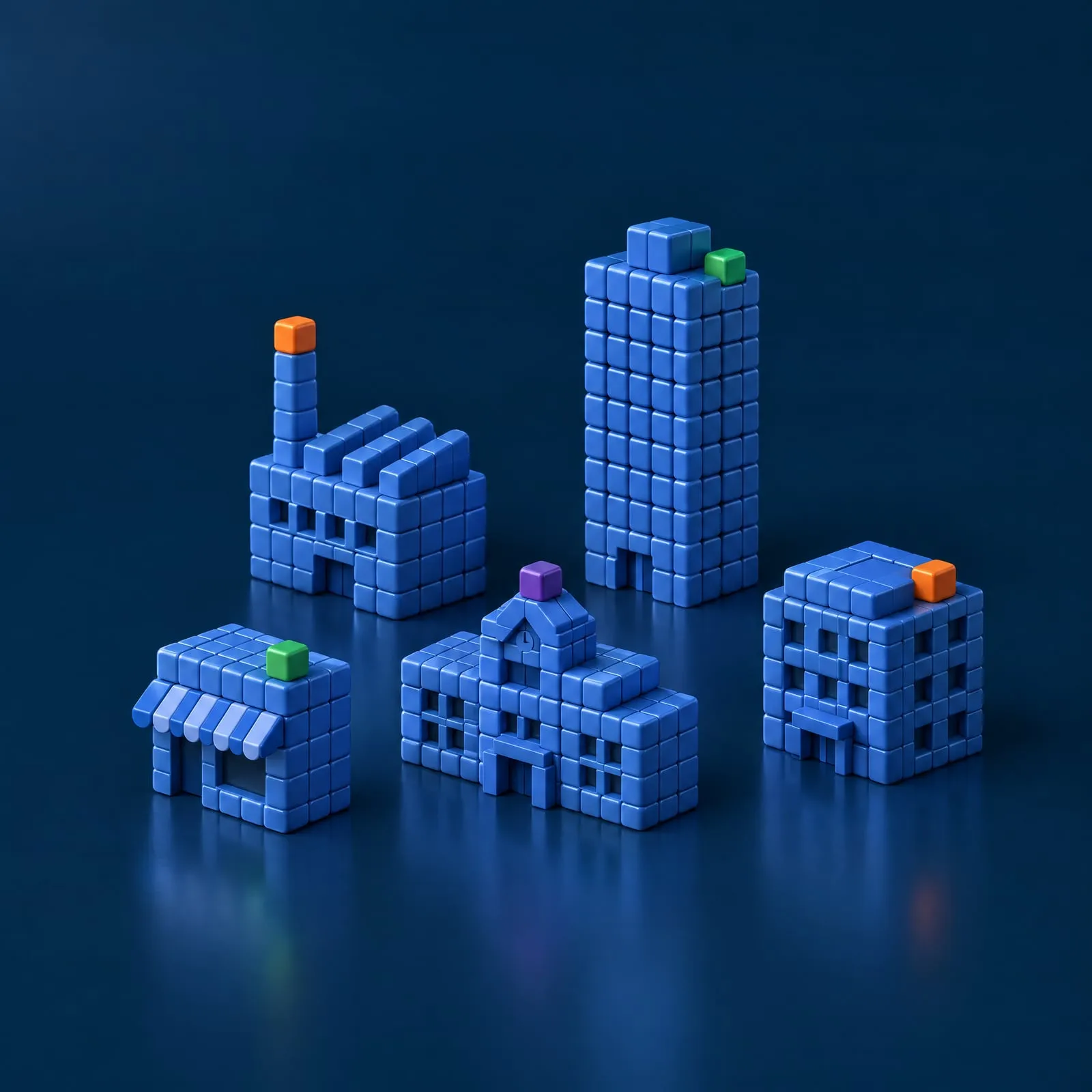A small district of cube-built factory, shop, school, office and hotel