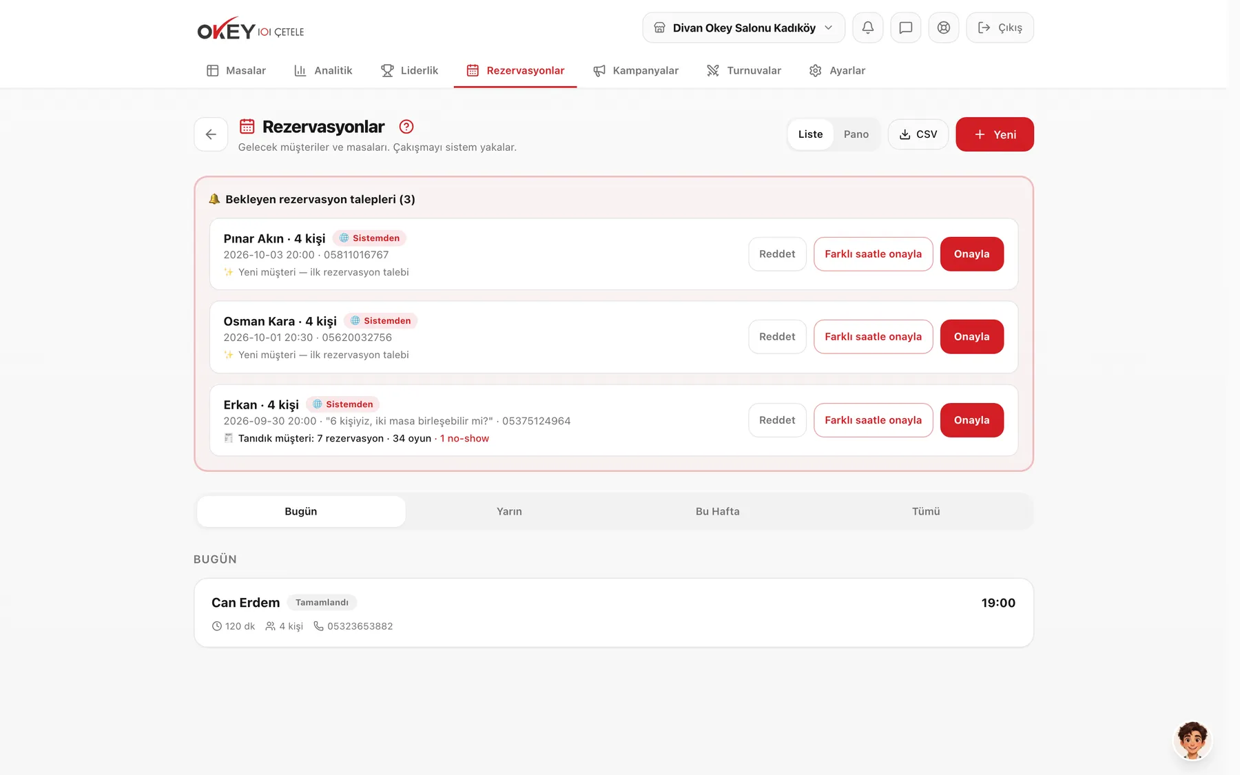 Turnuva ve Okey gecesi rezervasyonları