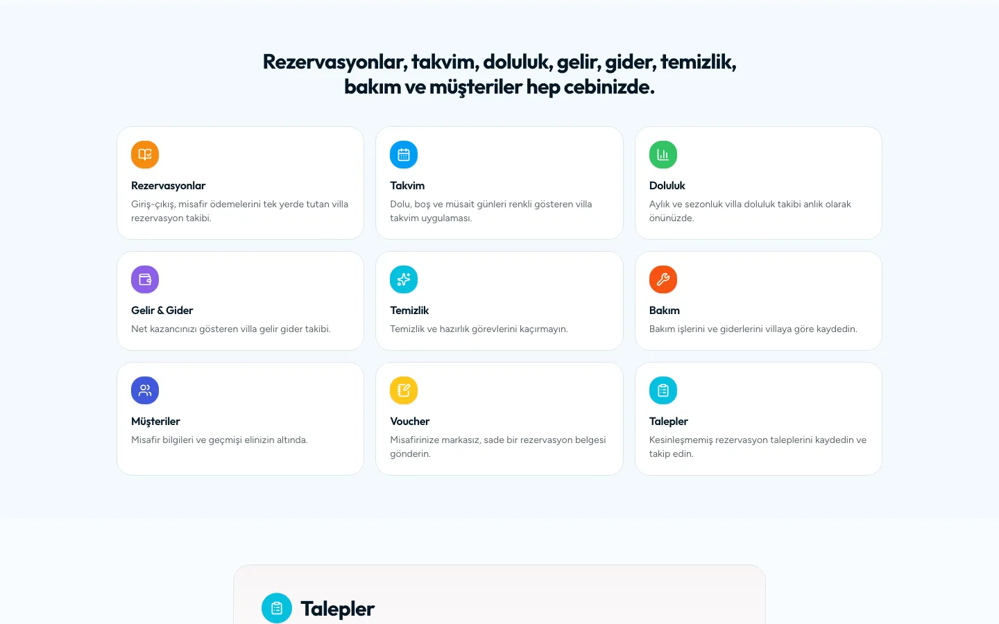 Rezervasyon, takvim, doluluk, gelir, gider, temizlik